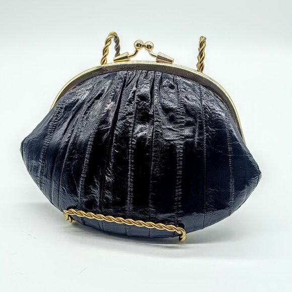 Vintage Black Eel Skin Leather Coin Purse Kiss Lock Clutch - Picture 2 of 8